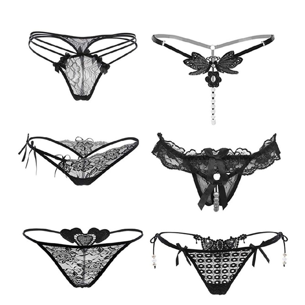 6 Pairs Thong Panties Pearls Lace Bows M